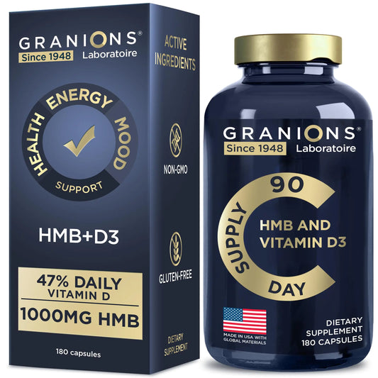 Granions Vitamin D3 HMB Supplements for Men and Women - 1000 MG Calcium beta-Hydroxy beta-methylbutyrate per Serving - Pre Workout and Recovery Support - Made and Tested in The USA - 90 Servings