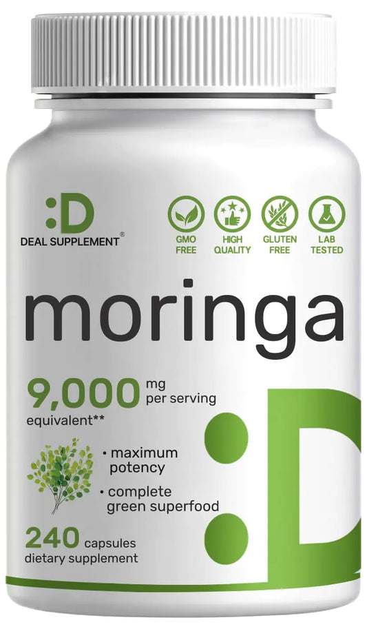 Moringa Max 9000mg Capsules - 240 Count - Potent Leaf Extract for Energy & Immunity