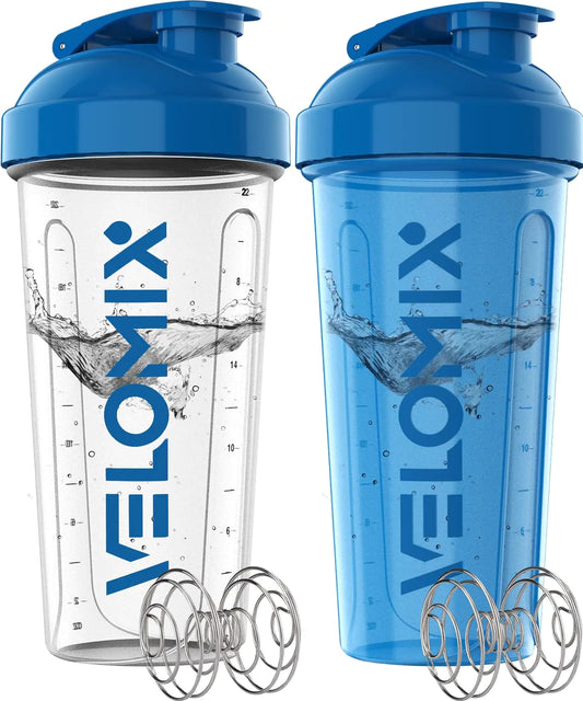 FLEXMIX 2-Pack 28oz Protein Shaker Bottles with Wire Whisk - Leakproof, Mixing Shaker Cups - Blue & Transparent
