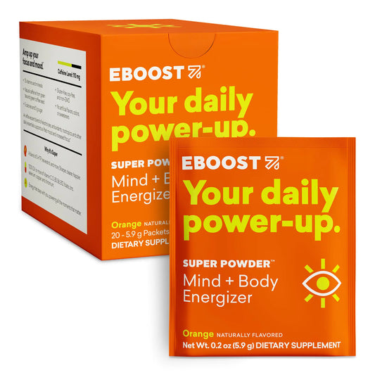 EBOOST Energy Drink & Electrolyte Powder 20 Packets - Super Powder Orange with No Added Sugar - Essential Blend of Vitamins Nootropics & Natural Caffeine and Hydration - Pre & Post Workout