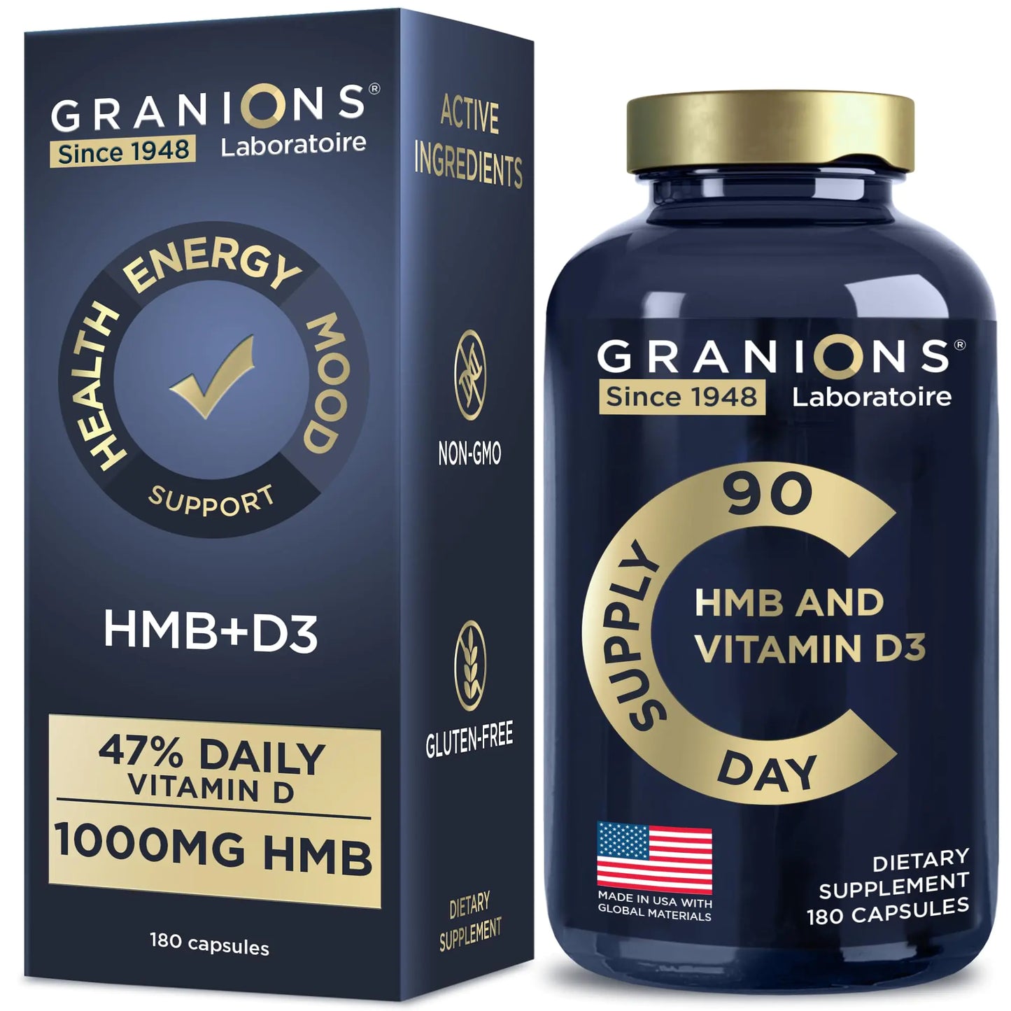 Granions Vitamin D3 HMB Supplements for Men and Women - 1000 MG Calcium beta-Hydroxy beta-methylbutyrate per Serving - Pre Workout and Recovery Support - Made and Tested in The USA - 90 Servings